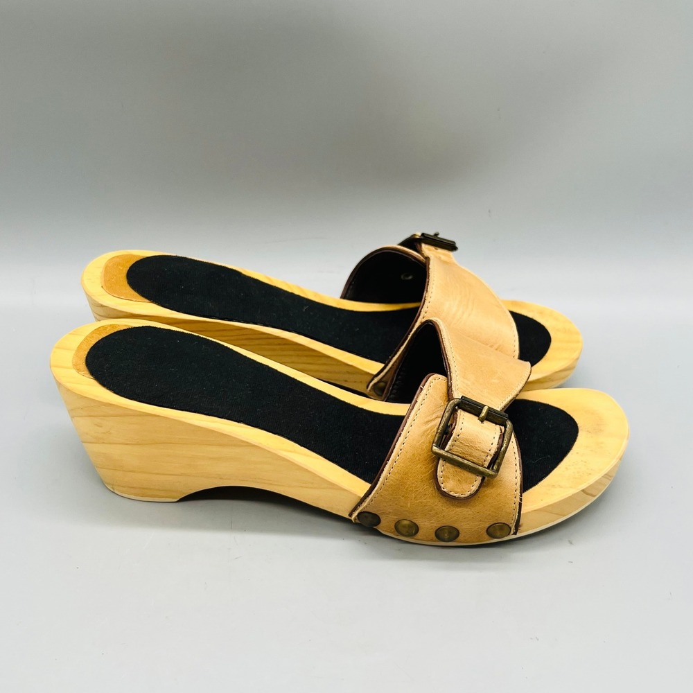 J Crew Sandals Womens 6.5 Brown Leather Wedge Wooden Platform Buckle Strap Shoes